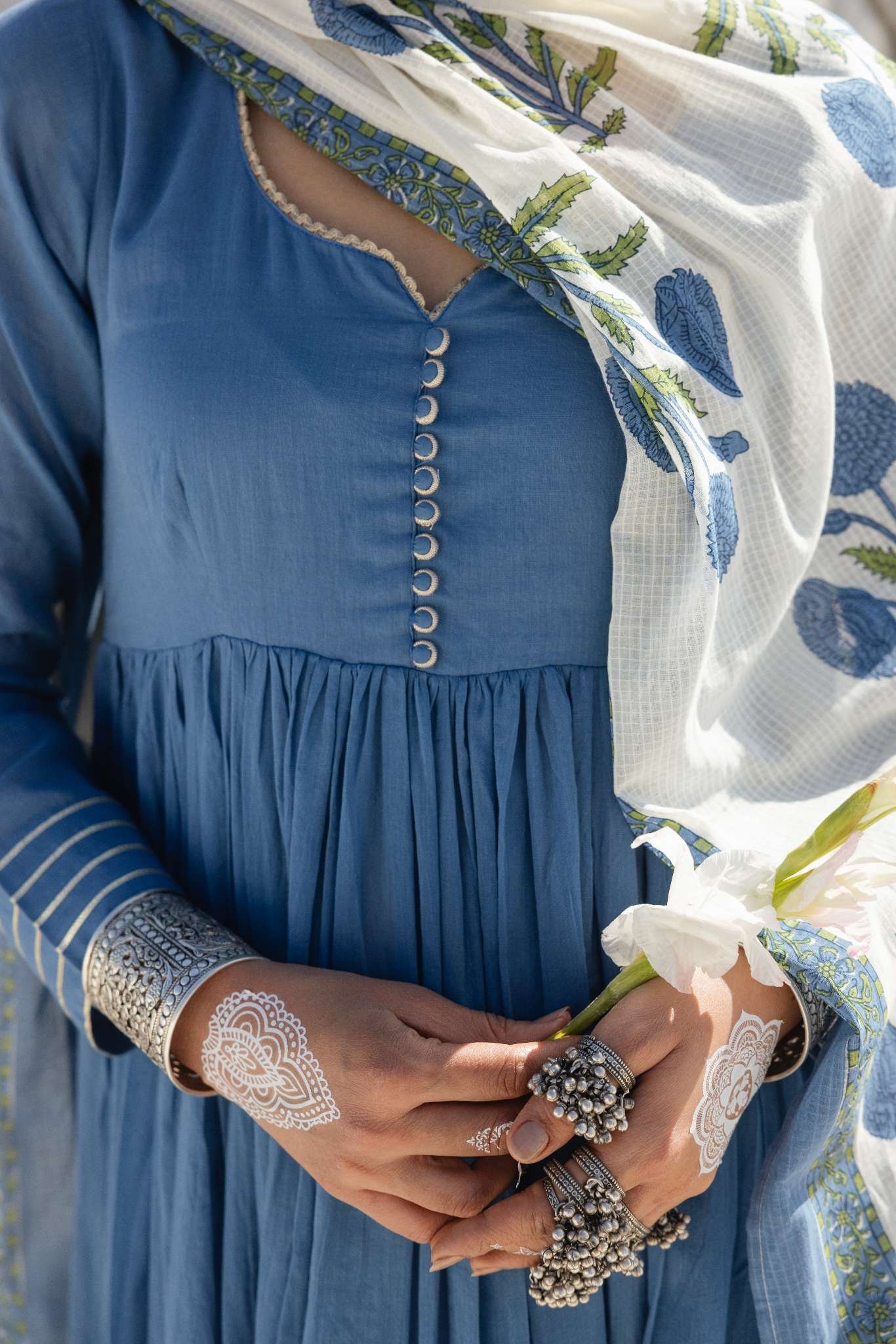 MUL COTTON BLUE ANARKALI SET - Image 3